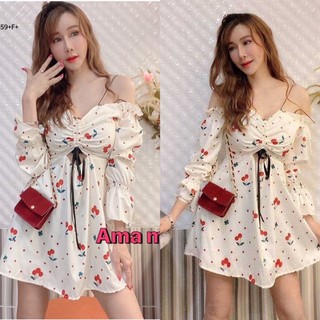 11559♥️ Dress เดรสปาดไหล่สายเดี่ยวคู่ งานผ้าหางกระรอกพิมลายเชอร์รี่