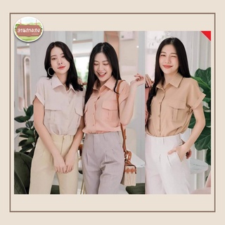 🌟เสื้อเชิ้ตผู้หญิง🌟 เสื้อเชิ้ตสไตล์เกาหลี คอปก แขนสั้น กระดุมหน้า เย็บพับแขน แต่งกระเป๋าคู่ ผ้าลินิน🔥🔥