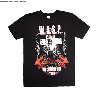 คอลูกเรือเสื้อยืดคอกลมเสื้อวง W.A.S.P. ทัวร์ไอดอล สีแดงเลือดหมู - Lผ้าฝ้ายแท้