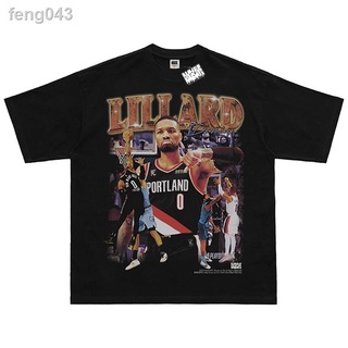 ✐❡Lillard American street tops vintage hip-hop tees บาสเกตบอลพิมพ์รอบคอ tshirt ฤดูร้อนผ้าฝ้ายแขนสั้นเสื้อยืด baju t เสื้