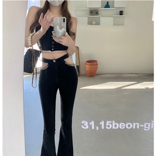 💥🌈 พร้อมส่ง / New black slimming hollow chain flared jeans high waist design drape long pants women