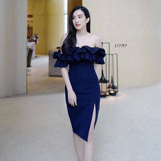 👗H1777 Dress-NAVY เดรสปาดไหล่ ระบายรอบน่ารัก แอบเซ็กซี่ งานมีซิปซ่อนหลัง ตีเกล็ด เอวไม่สม็อค ทรงเข้ารูป ดีเทลผ่าแหวก