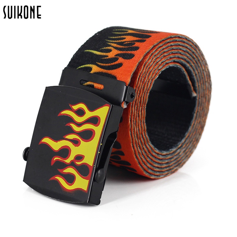[COD] Suikone เข็มขัด ผ้าแคนวาส พิมพ์ลายเปลวไฟ ถักไนลอน เข้ากับทุกชุดทันสมัย