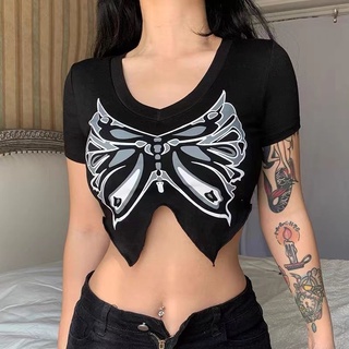 Fashion New Summer American Retro Butterfly Print Top Hip Hop Style Personality Split Irregular Short Sleeve T-Shirt Hot Girl Slim Navel Top