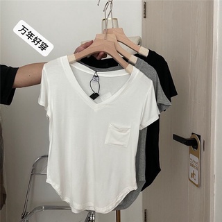 【พร้อมส่ง】เสื้อยืดแขนสั้น คอวี ทรงหลวม สไตล์เกาหลี สําหรับผู้หญิง