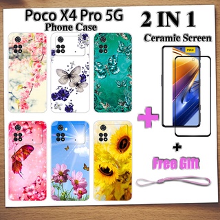 2 IN 1 Xiaomi Poco X4 Pro 5G เคสโทรศัพท์ พร้อมกระจกนิรภัยกันรอยหน้าจอเซรามิค ฟิล์มโค้ง ผีเสื้อ