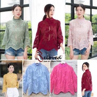 เสื้อชีฟองคอพลีท ปักลายดอกไม้