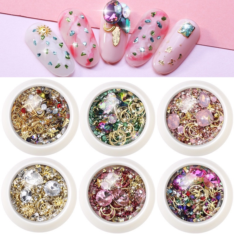 อะไหล่เพชรสำหรับตกแต่งเล็บ แบบตลับ 6ช่องมี13สีสวยๆให้เลือกงานจริงวิ้งจริง🌈พร้อมส่งในไทย🌈