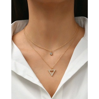 สร้อยคอแฟชั่นสร้อยคอ2 ชั้น เพชรสามเหลี่ยม น่ารักๆ Rhinestone Triangle Layered Necklace (ส่งจากไทย)