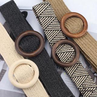 ♥SHOPG♥ Women Elastic Braided Belt Fashion Dress Jeans Wide Black PP Straw Designer Wood Buckle Boho Belts