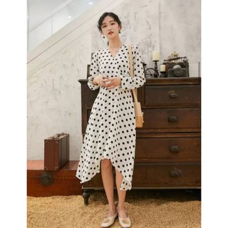 Polka Dot White Dress เดรสแขนยาว ลายจุด สีขาว กระโปรงระบาย แขนพอง