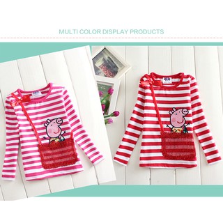 Peppa Pig เสื้อยืดสำหรับเด็ก คอกลม ลายทาง แขนยาว แต่งโบว์และกระเป๋าปักเลื่อม น่ารักมากค่ะ