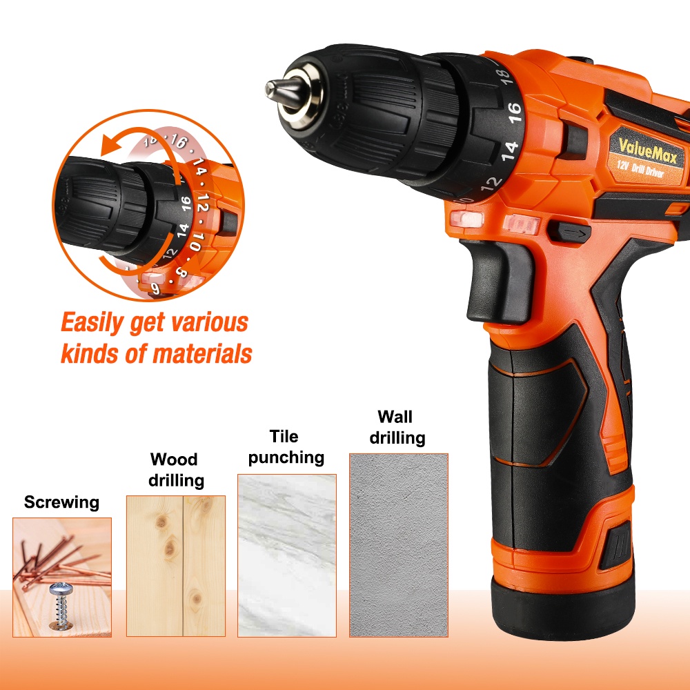 ValueMax 12V Cordless Drill Driver Electric Screwdriver Power Tools