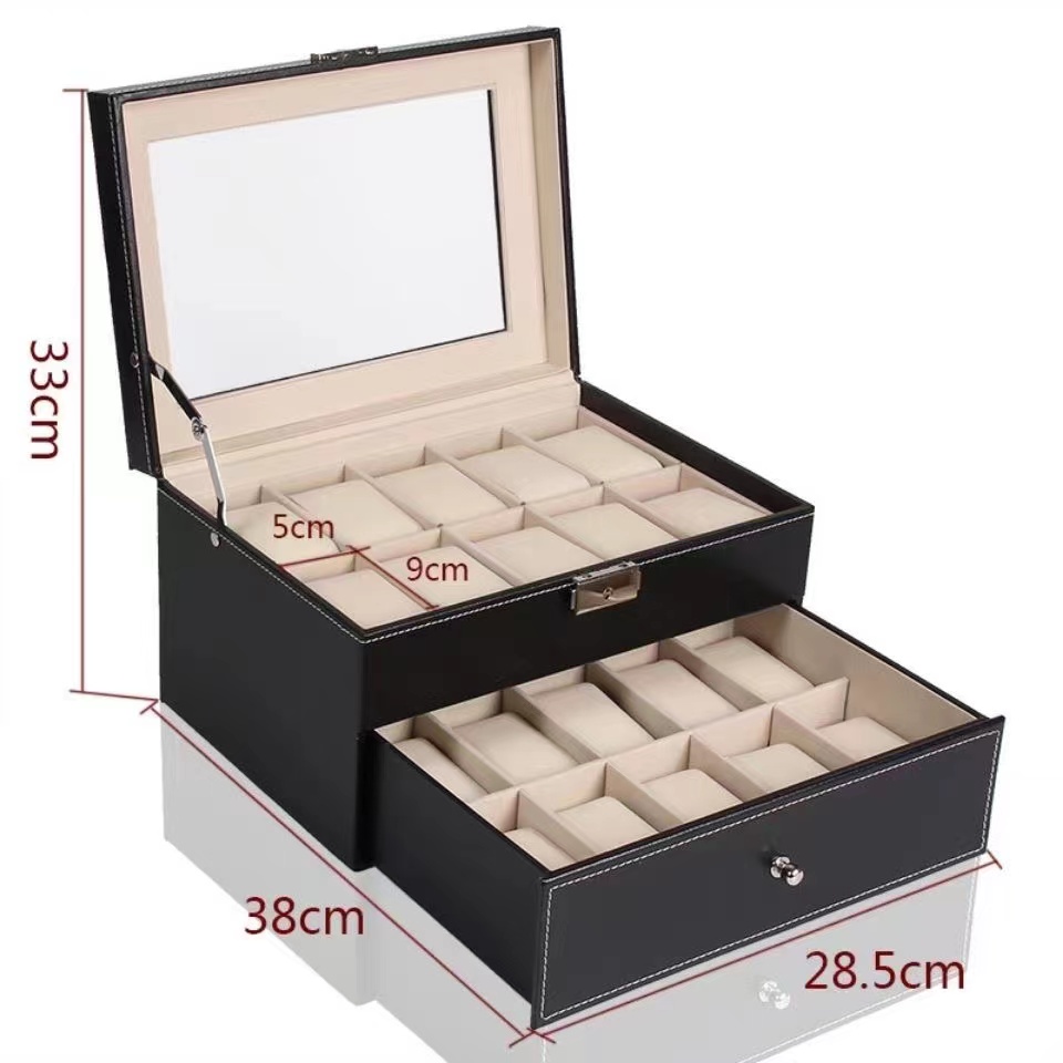 กล่องนาฬิกา 20 เรือน 2ชั้น หนังสีดำคลาสสิก กล่องใส่นาฬิกา กล่องเก็บนาฬิกาข้อมือ Watch Box