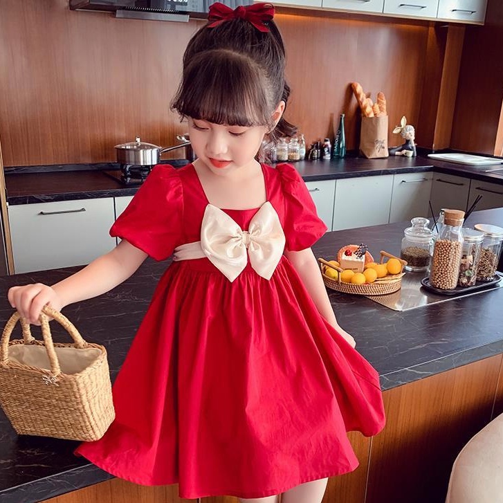 PRINCESS KESLI เดรสเด็กผู้หญิง ชุดเดรสโบว์ใหญ่ เอวยางยืด 1-9 ปี