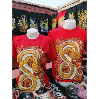 🐲🐲เสื้อยืดลายไทย​ ลายมังกรสีแดง🐉🐉