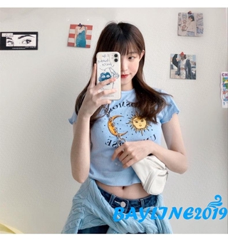 Bay - เสื้อยืดลําลองแฟชั่นสําหรับสตรีแขนสั้นคอกลมพิมพ์ลาย