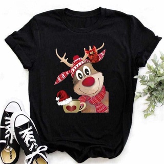 เสื้อยืดผ้าฝ้ายพิมพ์ลายขายดี คริสต์มาสZOGANKI Women Black T Shirt Christmas Xmas Cartoon rinted To Tshirt New Year Tshir