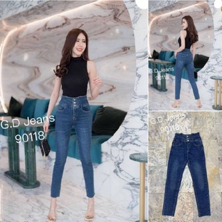 G.D.Jeans รุ่น 90118#กางเกงยีนส์ขายาวผ้ายืดเอวสูงสีเข้ม