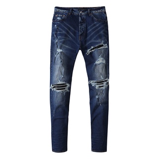 Amiri Jeans MX1 leather Ripped Bad Blue High Street Slim Fit Jeans