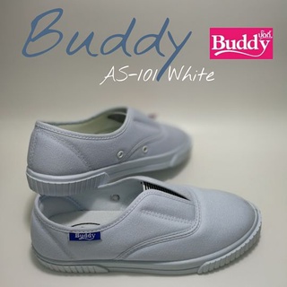 รองเท้าสลิป-ออน สีขาว BUDDY แบบผ้าเสริมนวม สวมง่าย พื้นหนานุ่ม ยางยืดกลาง AS-101 ใส่ได้ทั้งชาย และ หญิง