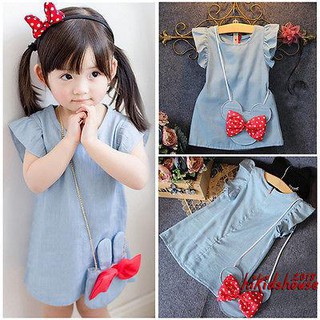 Toddlers  Girl Cartoon Bag Bow Dark Blue Ruffles Demin Casual Dresses