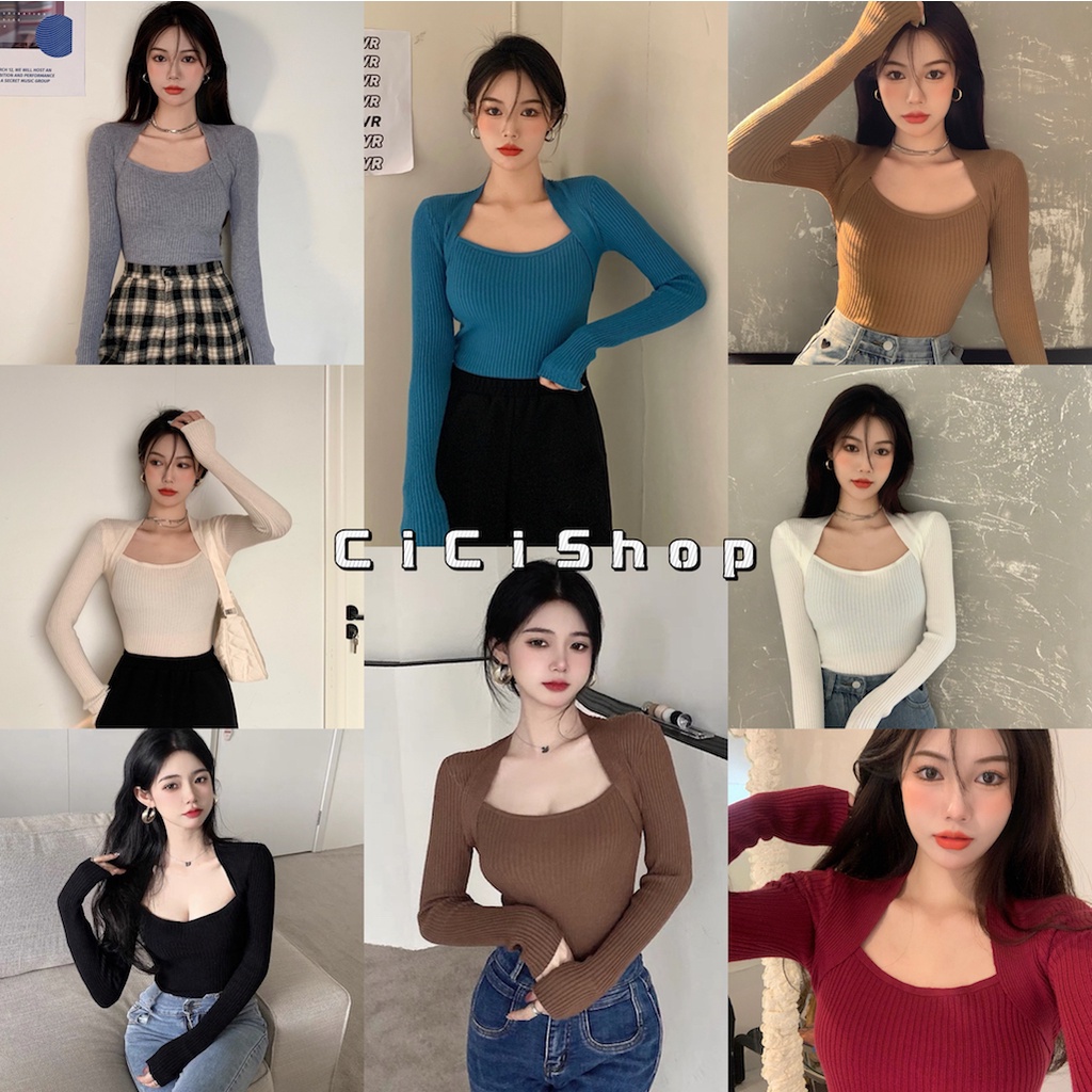 Cicishop(3006/5508)เสื้อแขนยาวผ้าไหมพรม คอเหลี่ยม เป็นทรงเข้ารูป
