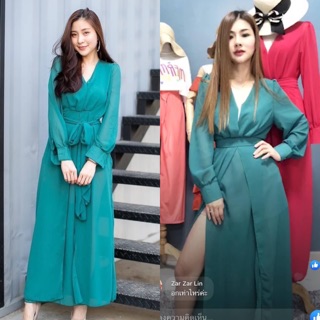 เดรสยาวทรงพริ้ว Maxi Dress ผ่าหน้า แขนยาว สีเขียวน้ำทะเล