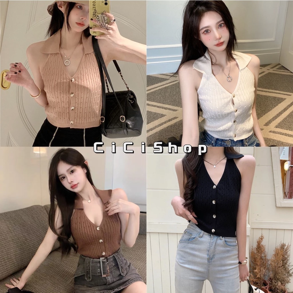 Cicishop(88905)เสื้อคล้องคอไหมพรม คอปก เว้าหลังกระดุมหน้า สายฝอแซ่บไฟลุกสุดๆ