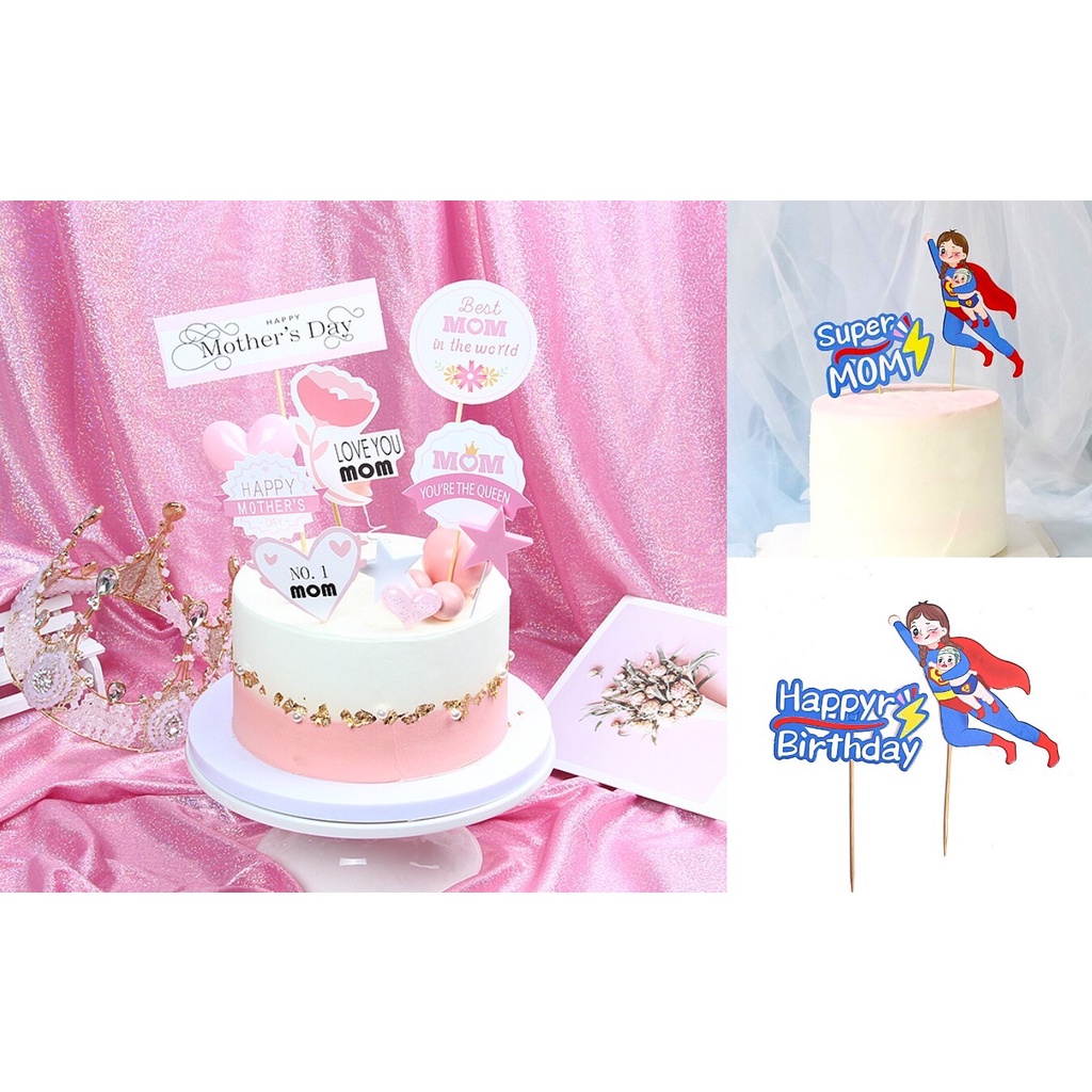 D.I.Y. Happy Mother 's Birthday Cake Paper Flag / Super Mom / I Love You Mom ที่ปักเค้กวันเกิด ป้ายป