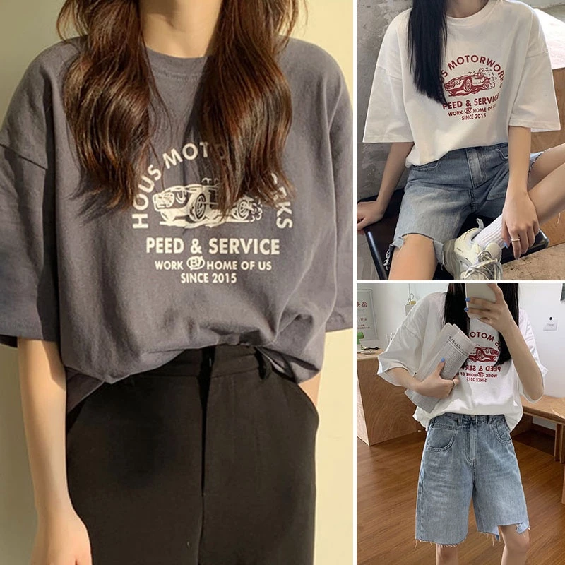 เสื้อยืดไซส์ใหญ่คอกรมผู้หญิง oversize แขนสั้นสไตล์เกาหลี เสื้อผ้าแฟชั่นวัยรุ่นน่ารัก เสื้อโอเวอร์ไซส์สกรีนลายวินเทจ xxl thumbnail 4