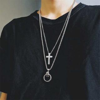 สร้อยคอ พร้อมจี้ไม้กางเขน 22118 Ghost Hand Ring Necklace Earth Cool Disco Men Women Trendy Multi-Layer Accessories