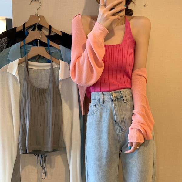 Cicishop(SALE/สุ่มสี U013+U015ขายแยก)เสื้อคลุมคอปก+สายเดี่ยวผูกคอผ้าไหมพรม เว้าหลัง ดีเทลผูกเชือกข้างหลัง