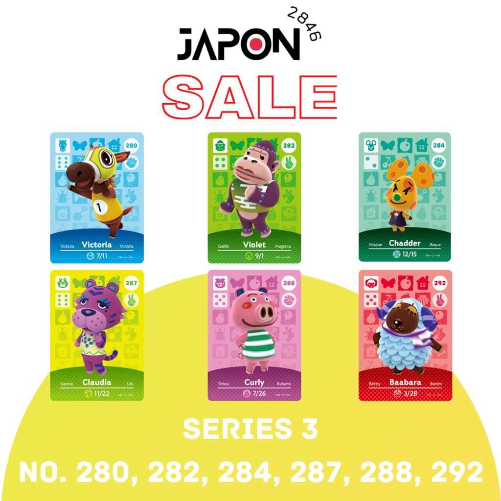 Animal Crossing Amiibo cards Series 3 No. 280, 282, 284, 287, 288, 292