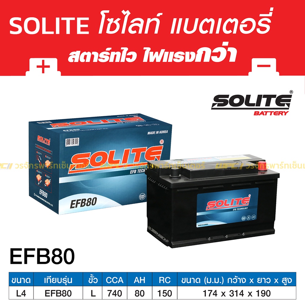 SOLITE แบตเตอรี่แห้ง EFB80 | 80แอมป์ 740 CCA / ไซส์ LN4 (Fortuner 2.8)