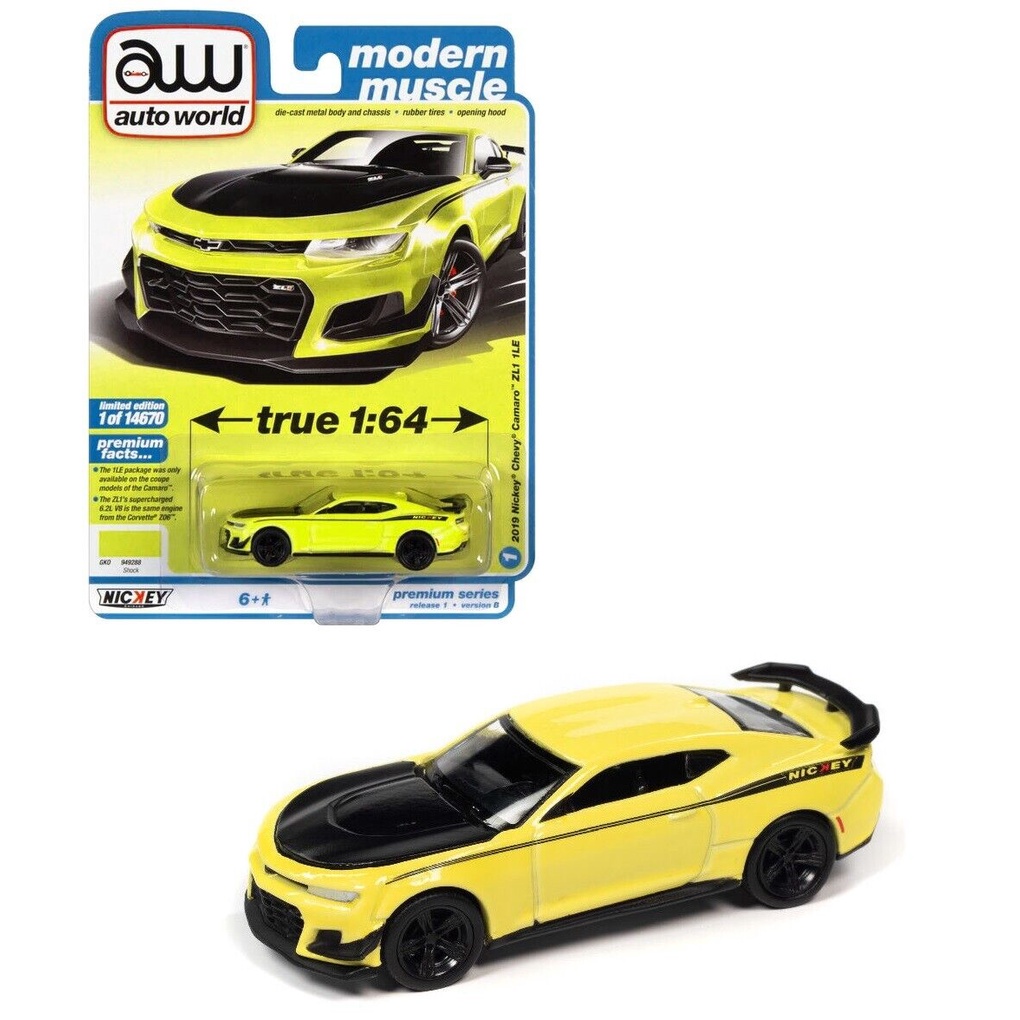 (ล้อยางพรีเมียม) รถโมเดล 1:64 Auto World Nike 2019 Chevrolet Camaro ZL1 1LE Yellow