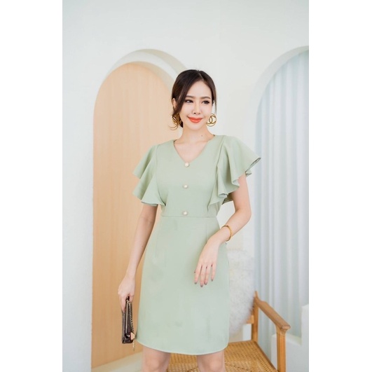 เดรสออกงาน แฟชั่น เดรสทำงานคอวีแขนระบาย แต่งกระดุมมุข ป้าย modish รูปที่ 4