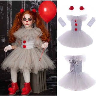 Clown Girls Dress Mesh Princess Set Cosplay Childrens Halloween Show Kids Costume Gift