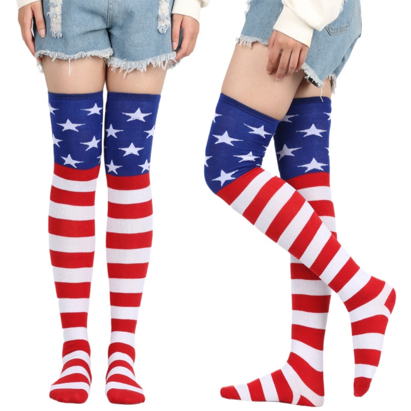 Alia Womens Novelty American Flag ถุงน่องต้นขา USA ดาวลายการออกแบบกว่าเข่าถุงเท้ายาว Patriotic Holi