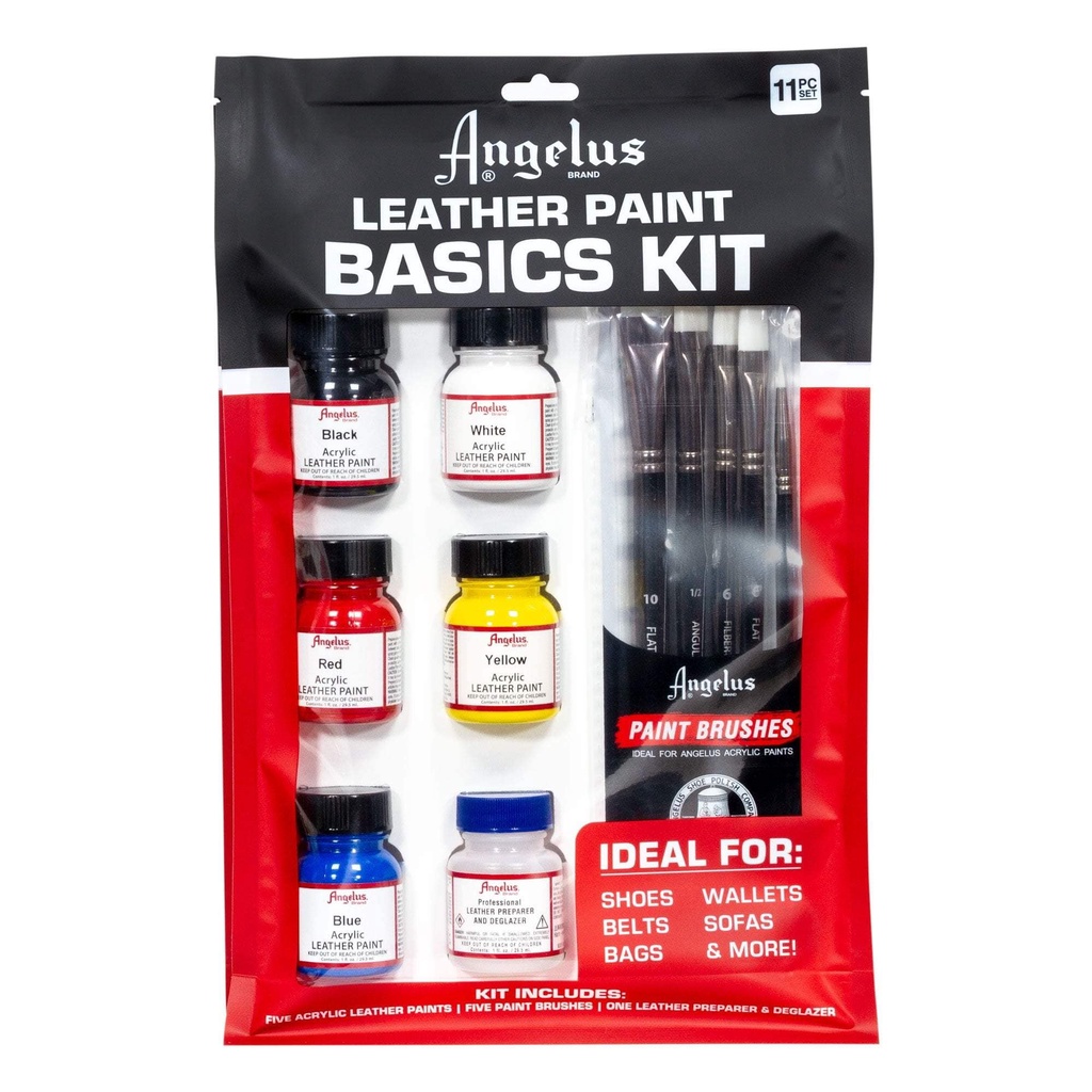 Angelus leather paint ชุดbasics kit รวมครบทุกแม่สี พร้อมพู่กัน และน้ำยาทำความสะอาดพื้นผิว ของแท้ USA