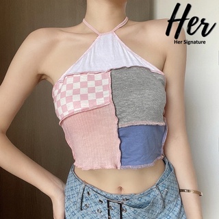 💙Sale/พร้อมส่ง2สี💙 สายเดี่ยวคล้องคอ สายเดี่ยวสาวอวบ ครอปขาว ครอปรัดรูป เสื้อไปทะเล เกาะอกไหมพรม ชุดไปคาเฟ่  3667