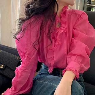 ❤❤ruffled Rose Red shirt เสื้อฤดูใบไม้ร่วงแขนยาวหลวมด้านบนแนวโน้มของผู้หญิง