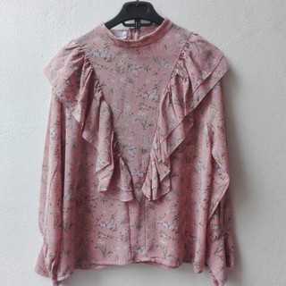 เสื้อชีฟองแขนยาวลายดอกสีชมพู สไตล์เกาหลีลายดอกเล็กๆ