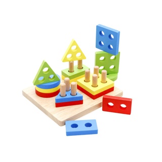 HelloMom ของเล่นไม้ กระดานไม้เรียง ห่วงสวมเสา 4หลัก Four Column Shape Matching ห่วงซ้อนเลขาคณิต ของเล่นเด็กเสริมพัฒนาการ