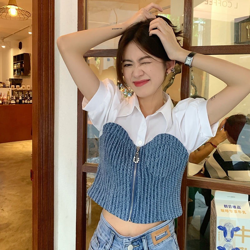 พร้อมส่ง เสื้อเชิ้ตสีขาวเย็บผ้ายีนส์เวอร์ชั่นเกาหลี เสื้อเชิ้ตทำงานแขนสั้นทรงสลิมฟิตย้อนยุคใหม่ 2 สี