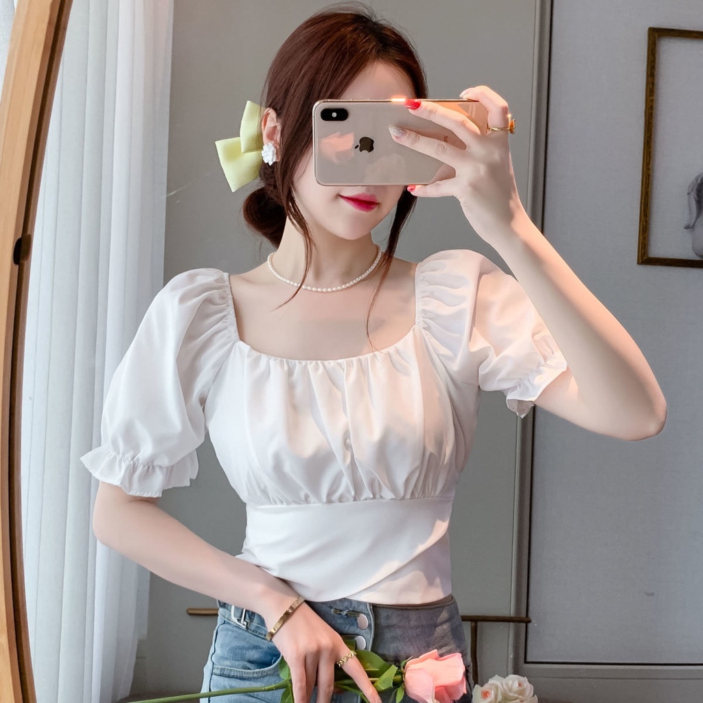 เสื้อเชิ้ตแขนสั้น แขนพัฟ เข้ารูป ประดับโบว์ ลายดอกไม้ แฟชั่นฤดูร้อน สําหรับผู้หญิง 2024