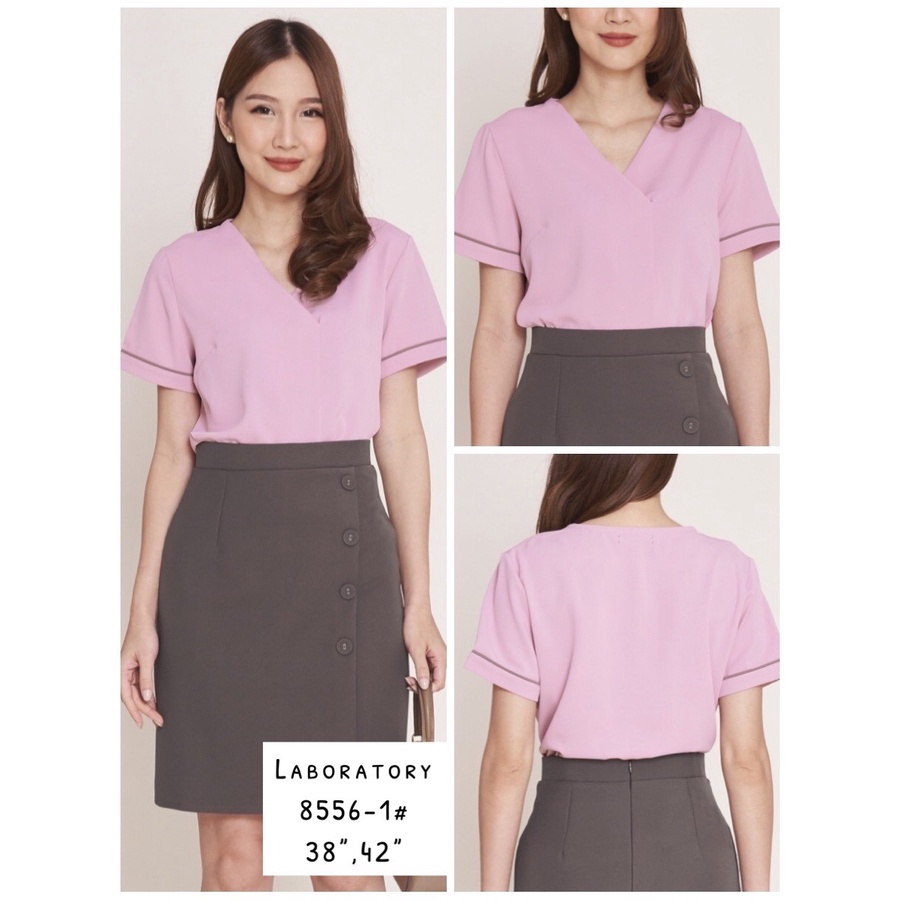 Laboratory 8556-1 กุ้นแขน เสื้อคอวีทรงป้าย แต่งกุ้นแขนสีพื้น