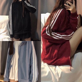 เสื้อแจ็คเก็ต เกาหลีแถบขาว ซิปหน้า Oversize