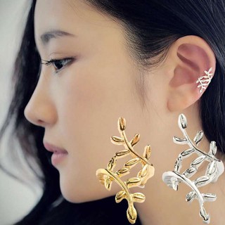 ต่างหู ไม่ต้องเจาะหู ตุ้มหู จิว Womens Punk Silver Crystal Leaf Ear Cuff Cartilage Wrap Clip On Earring - 1 ข้าง