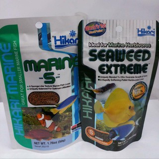 Hikari Marine(S)+Hikari Seaweedextreme(S)45g.อาหารปลาทะเลชนิดซองสำหรับปลากินเนื้อและปลากินพืช แบบแพ็คคู่ เม็ดเล็ก (1mm.)